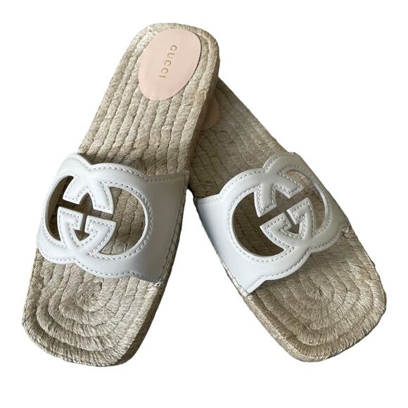 GUCCI Interlocking G Leather Cut Out Espadrille Sandals White Size 39.5 NEW - Picture 9 of 15